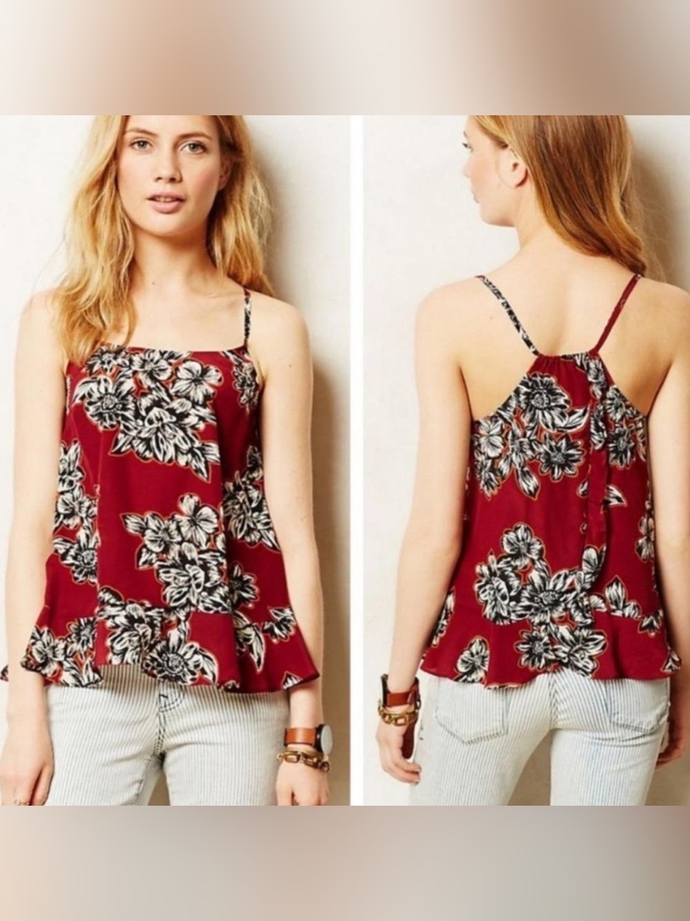Maeve by Anthropologie Zabella 100% Silk Maroon Floral Ruffled Tank Top - Size 4